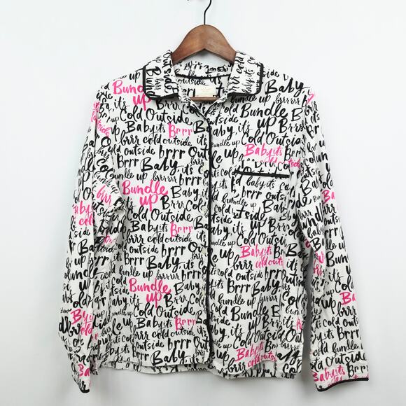 Kate Spade Pajama Top Sz L Flannel White Black Pink Baby It’s Cold‎ Script Font - Picture 1 of 10